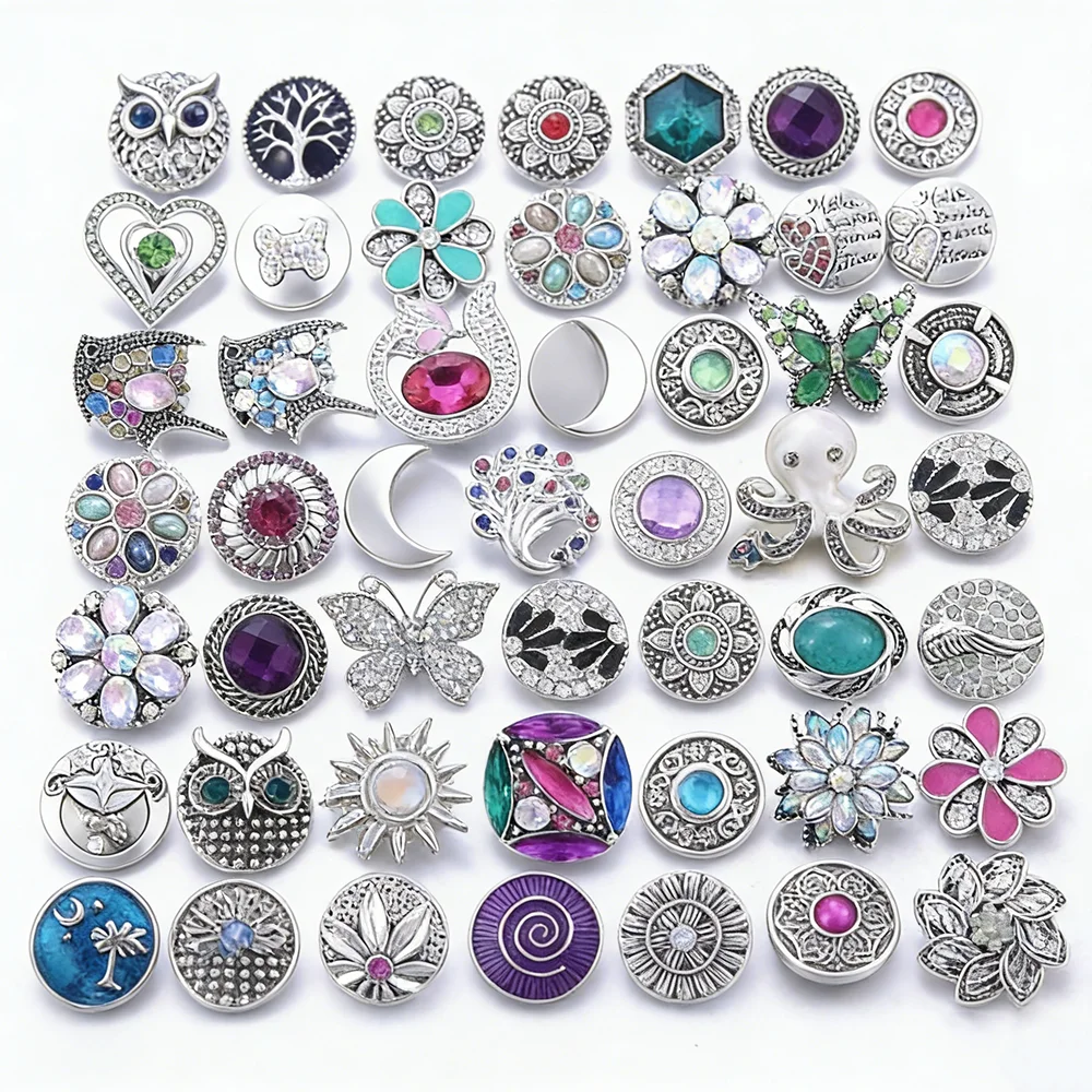 10 unids/lote, venta al por mayor, joyería a presión, mezcla de broches de Metal, flor de diamantes de imitación, botones a presión de 18mm, apto para pulsera de cuero a presión