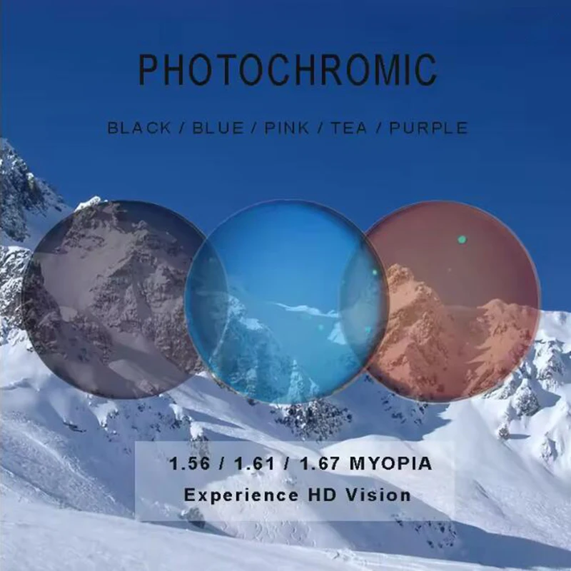 

Асферические анти-синие лучи и фотохромные серые, коричневые, розовые, фиолетовые, синие серии 1,56 1,61 1,67 линзы для очков для близорукости