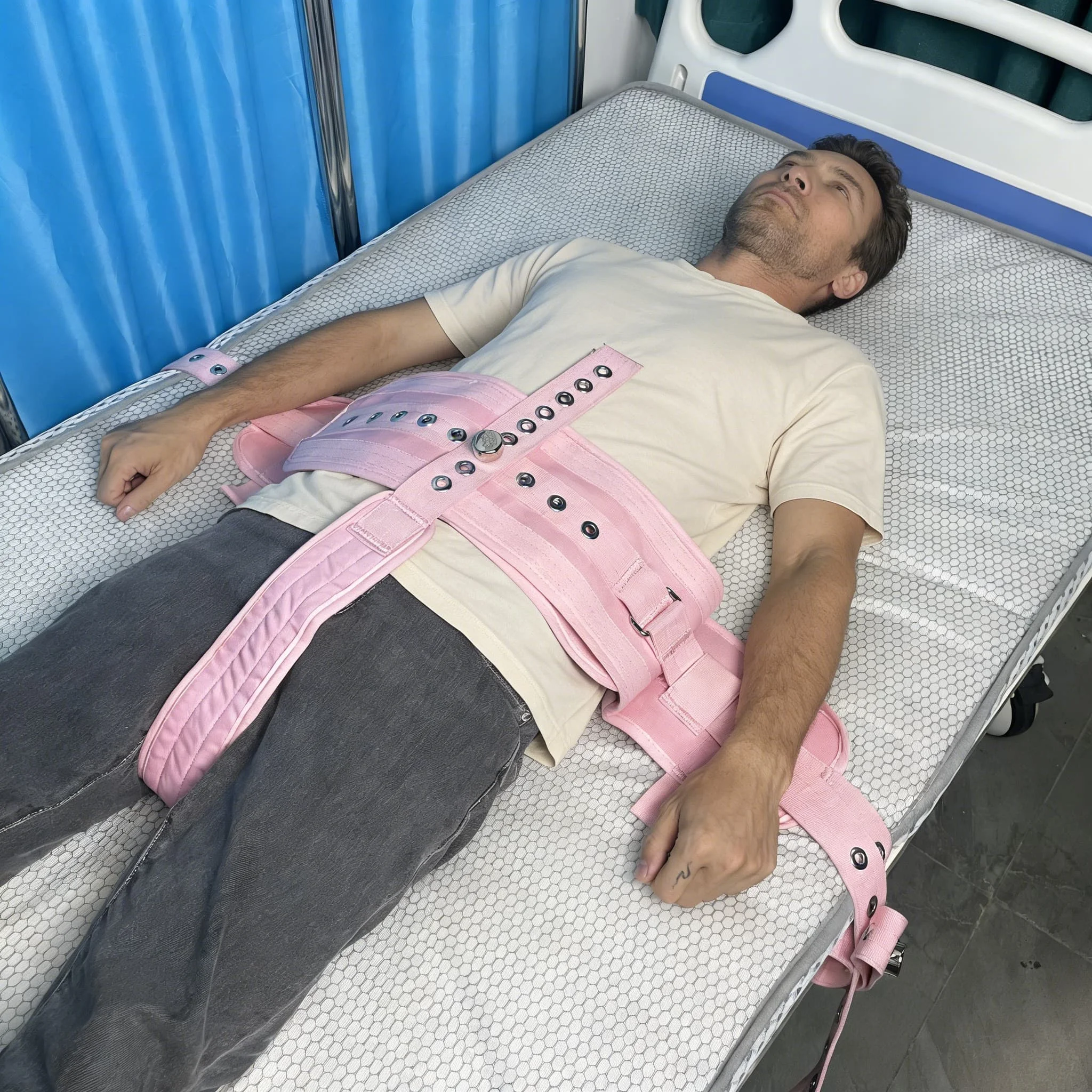Pink Waist and Crotch Restraint Belt Patient Bed Position Strap with Magnetic Lock Hospital Home Care Abdominal Fixing Ties