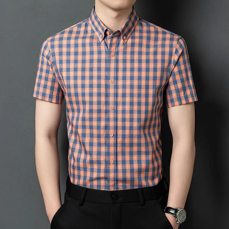 Summer Lyocell 30% Cotton 70% 2026 Men Trendy Check Pattern Dress Shirt Fashion Short Sleeve Shirt Breathable Plaid Tops