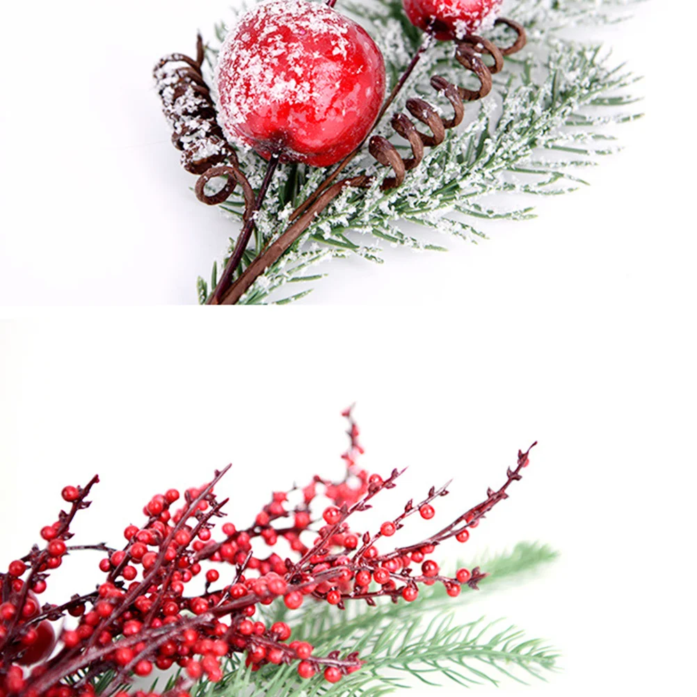 

2Pcs Red Berry Christmas Cuttings Decorations White Pine Needle Branches Holiday Mantle Wreath Decor Centerpiece Floral