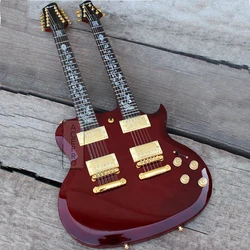 Acepro Double Neck Electric Guitar, Wine Red 6 String Guitarra+ 12 String Guitar Combo, Gold Hardware, Abalone Custom Stem Inlay