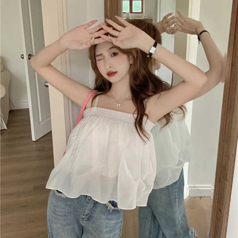 

Women Clothes Summer Fashion Trend Sexy Solid Color Sleeveless Sling Ladies Fashionable Young Style Lazy Wind Loose Camisole Top