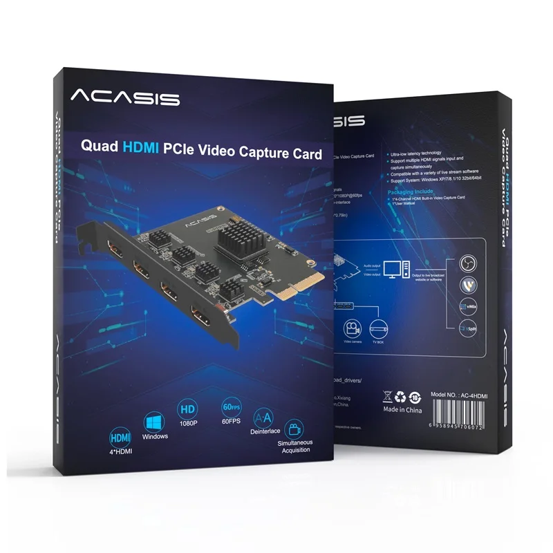 Acasis AC-4HDMI 4-Channel PCIe 2.0 X4 HD-Compatible Video Capture Card 1080p 60fps OBS Wirecast Live Broadcast Streaming Adapter