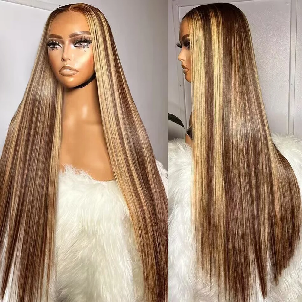 200% Density 13X6 13X4 Highlight Ombre Lace Front Wig 4/27 Honey Blonde Human Hair Bone Straight Lace Frontal Wigs For Women