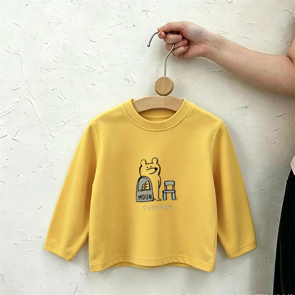Yellow Long-sleeved Tshirt Casual Loose Round Neck Base Shirt Pure Cotton Clothing Baby Boys Girls Spring Summer Thin Clothes