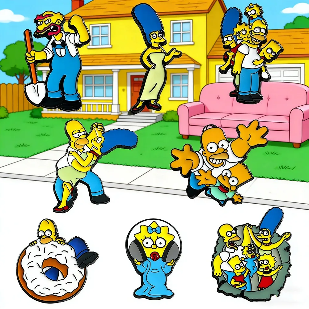 8 Broches Esmaltados de Personajes de Dibujos Animados de la Familia Simpson (Homer, Marge, Bart, Lisa, Maggie) para Mochilas, Insignias y Joyería de Moda