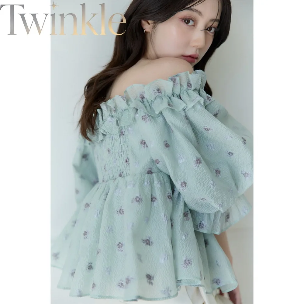 Japanese Style Top for Women Textured Floral Off Shoulder Ruffle Puff Sleeve Two Way Wear Sweet Chiffon Blouse Cute Fashion