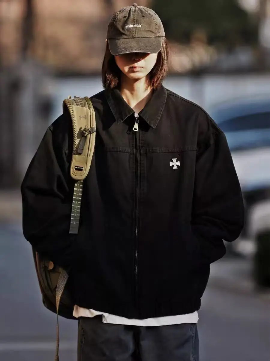 

Retro Detroit Waed Pure Cotton Workwear Jaet Men's Spring Autumn Casual Turn-down Collar Coat Loose Fit Button Decor