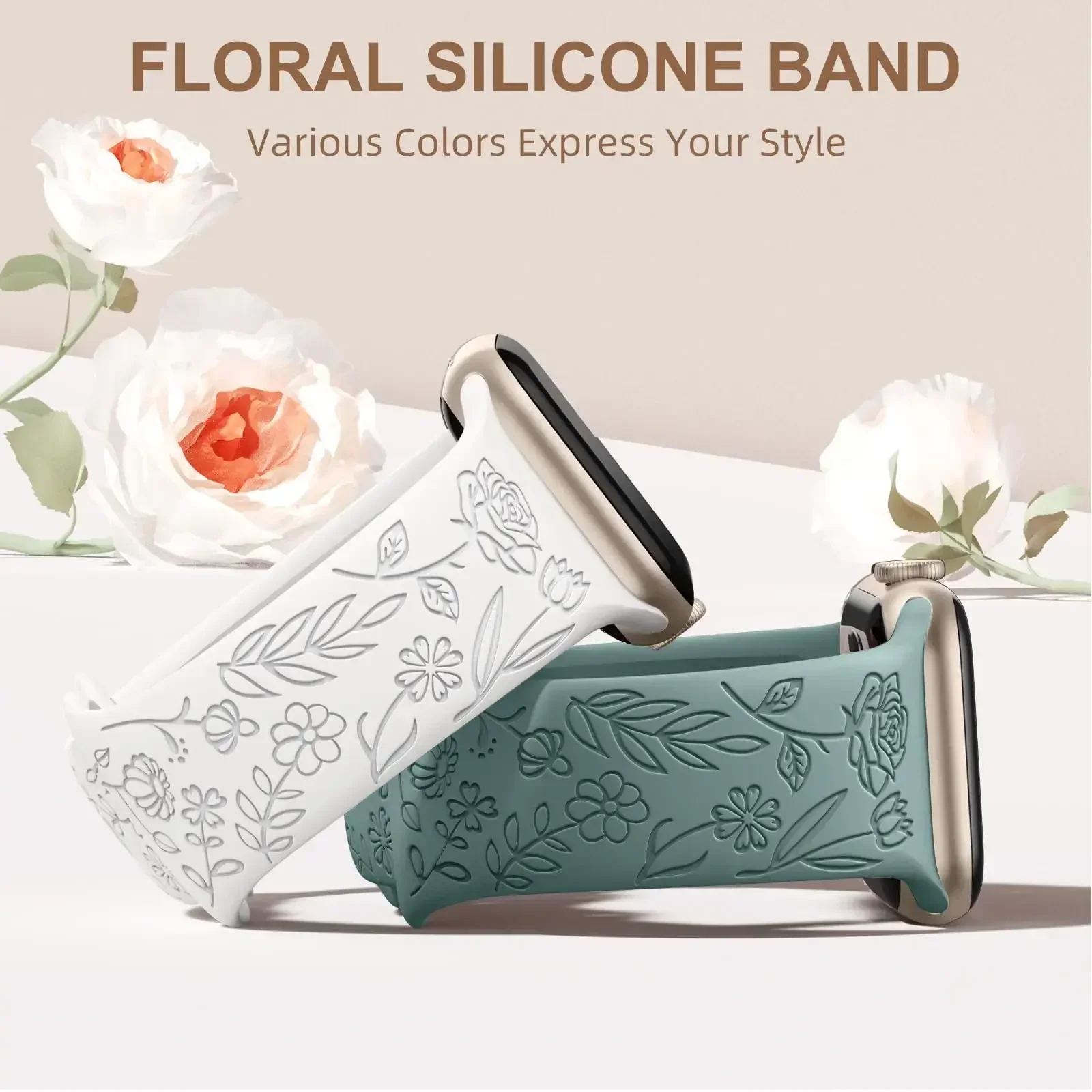 Correa de silicona con grabado Floral para Apple Watch Ultra 2, banda de 49mm, 45mm, 40mm, 41mm, pulsera de moda para IWatch Series 9, 8, 7, 6, 5, 4, 3, se
