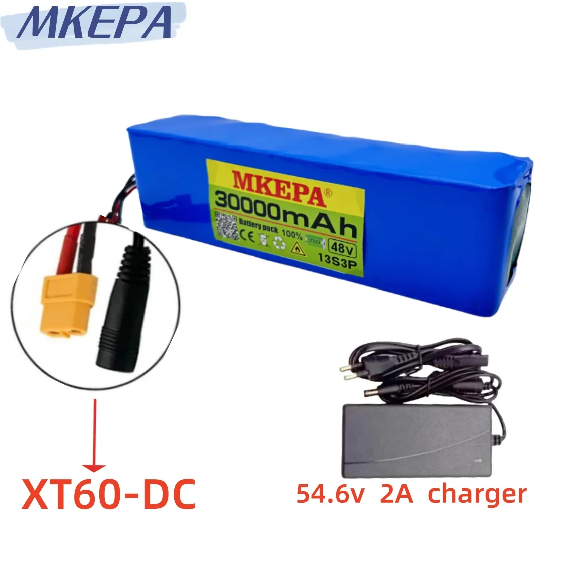 Bloco da bateria do Lítio-íon para a bicicleta elétrica, carregador, tomada customizável, 13S3P, 1000W, 54.6V, 48V, 30Ah, 18650, 54.6V, 2A