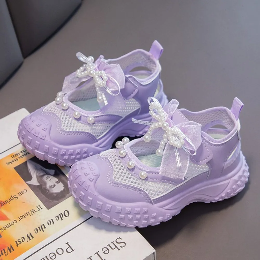 Girls Sports Sandals Sweet Lace Bows Beading Kids Casual Shoes Mesh Breathable Soft 2026 Summer New Children Princess Sandals
