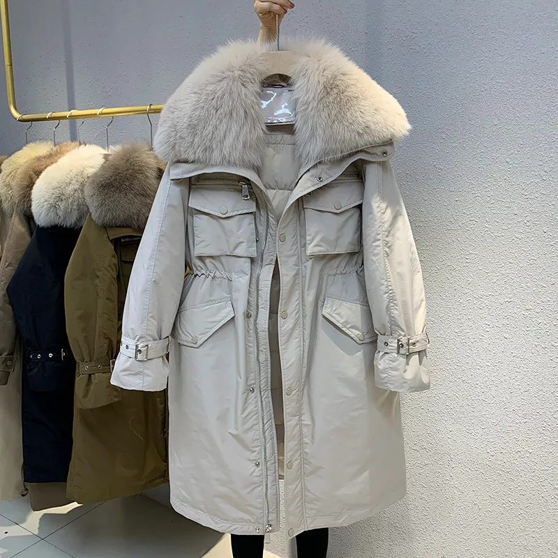 Winter 90 % weiße Entendaunen Daunenjacke 2025, neuer langer Fuchspelzkragen, Parkas, Mantel für Damen, Winter, warm, verdickte Jacke, Oberbekleidung