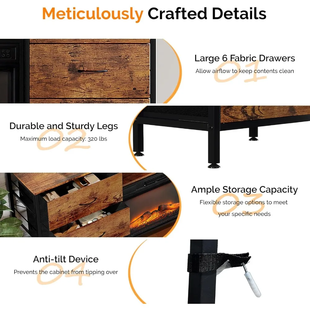 حامل تلفزيون Bonnlo 58 مدفأة مع أدراج قماش وأضواء LED، سخان مدفأة كهربائية، مركز ترفيه حديث مع مفتوح