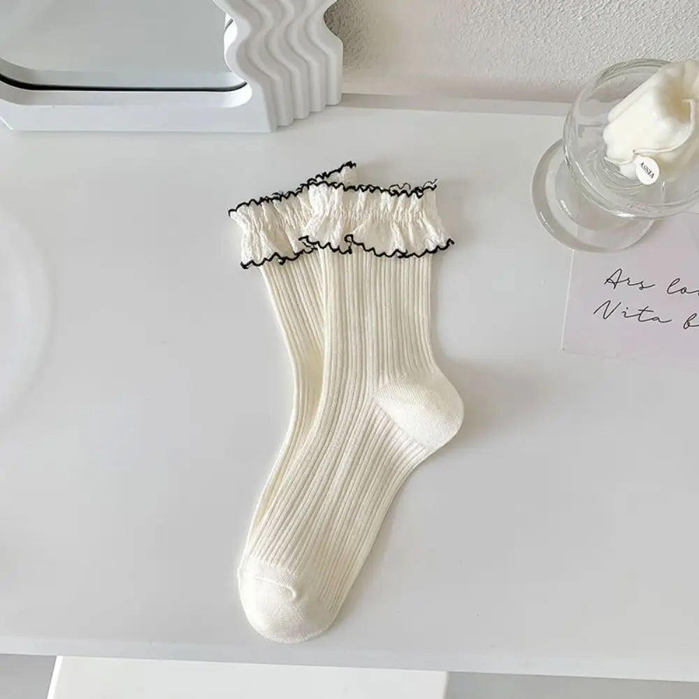 Autumn Breathable Ruffle Thick Cute Frilly Trendy Middle Tube Korean Style Socks Women Camellia Socks Cotton Hosiery