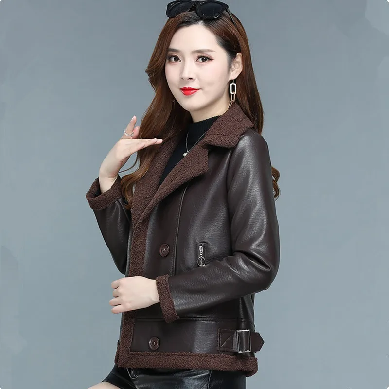 UHYTGF 5XL Jacket Women Double Breasted Plush Warm Short Leather Outewear Female Quality PU Leather Autumn Winter Coat Ladie 202