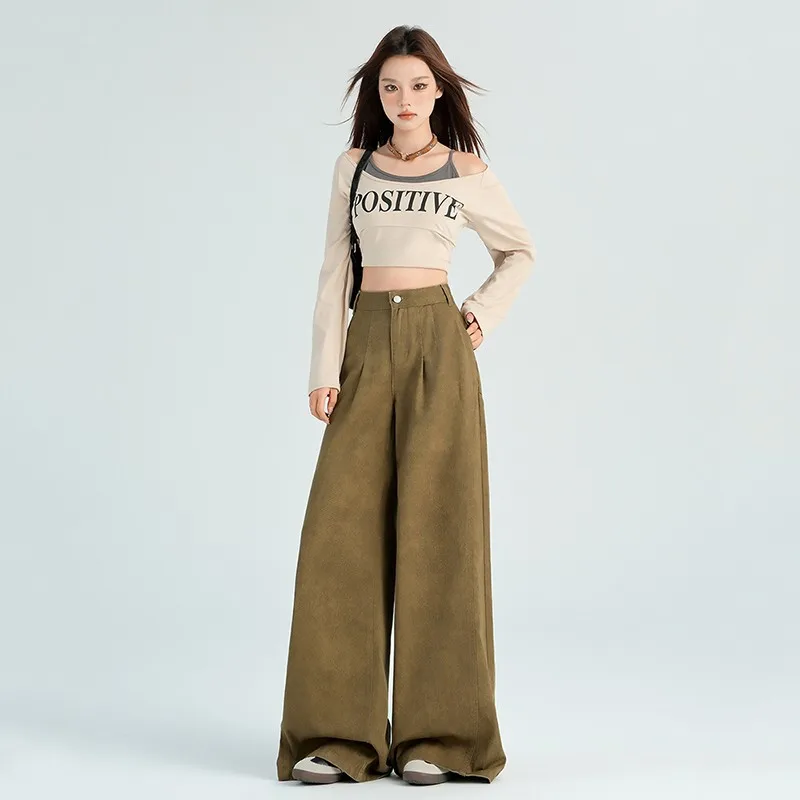 ZHISILAO New Khaki Wide Leg Jeans Women Vintage Baggy Loose Floor Length Denim Pants Streetwear 2024