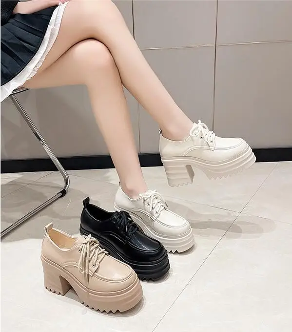 Women High Heels Shoes New Trend Fashion Party Shoes Wedges Pumps Casual Ladies Lace Up PU Leathesr Black Shoes