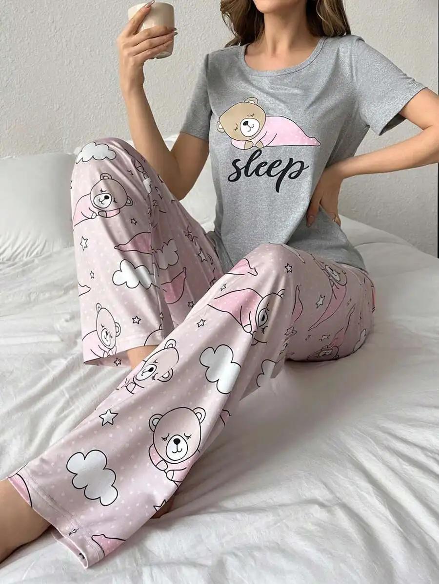 

Women Short Sleeve Pajama Set With Teddy Bear Print