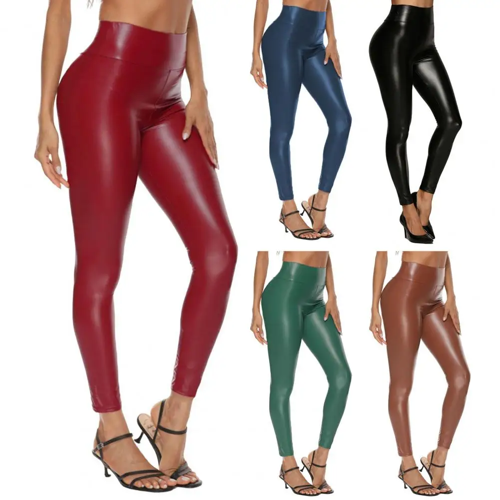 

Female Clothing Women's Faux Leather Pants High Elasticity Tight Fit High Waist Long Trousers Hip Lifting Leggings Daily Wear