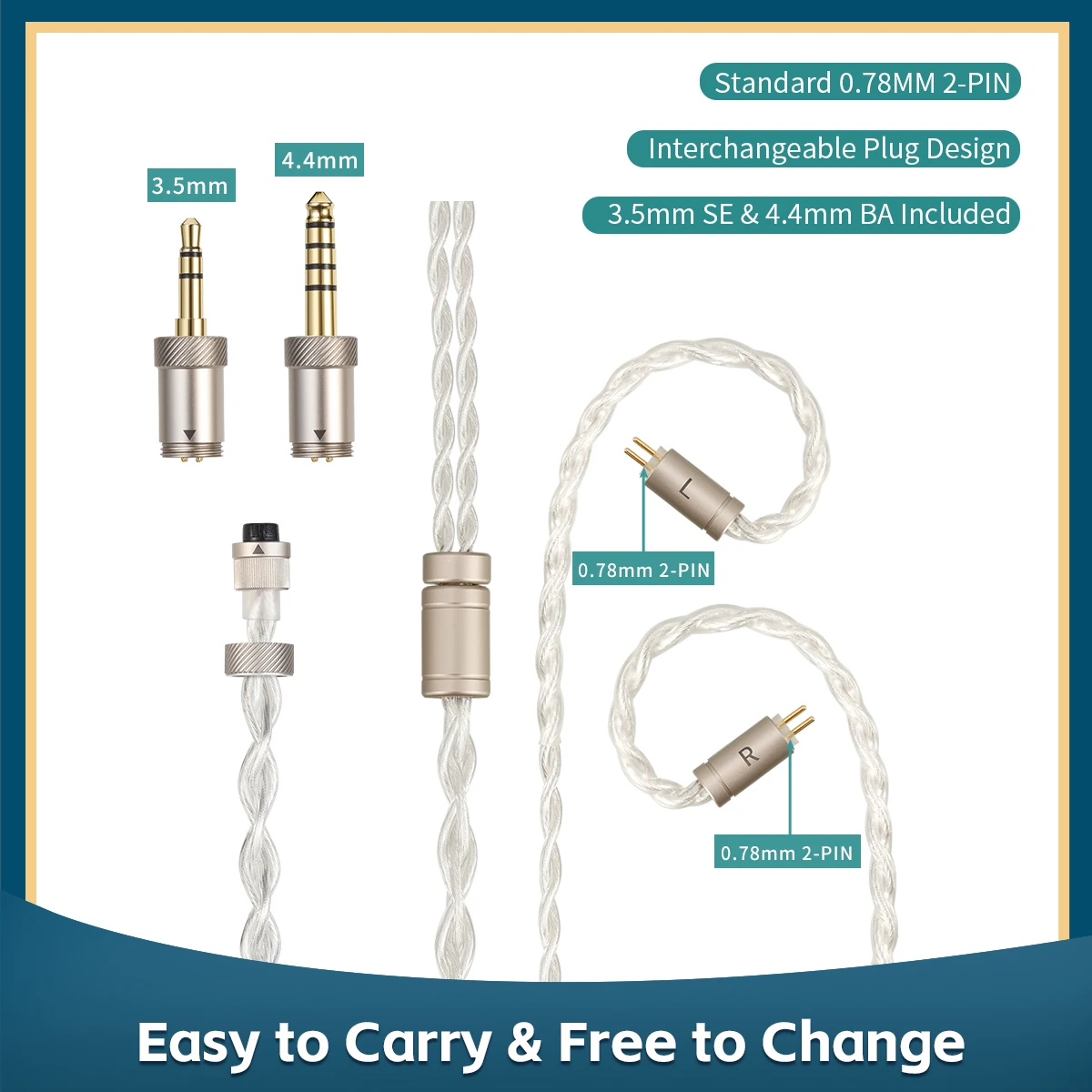 SIVGA Original 0.78mm 2-pin High-Purity Silver-Plated OFC Cable Interchangeable Plug Earphone Cable for Que UTG