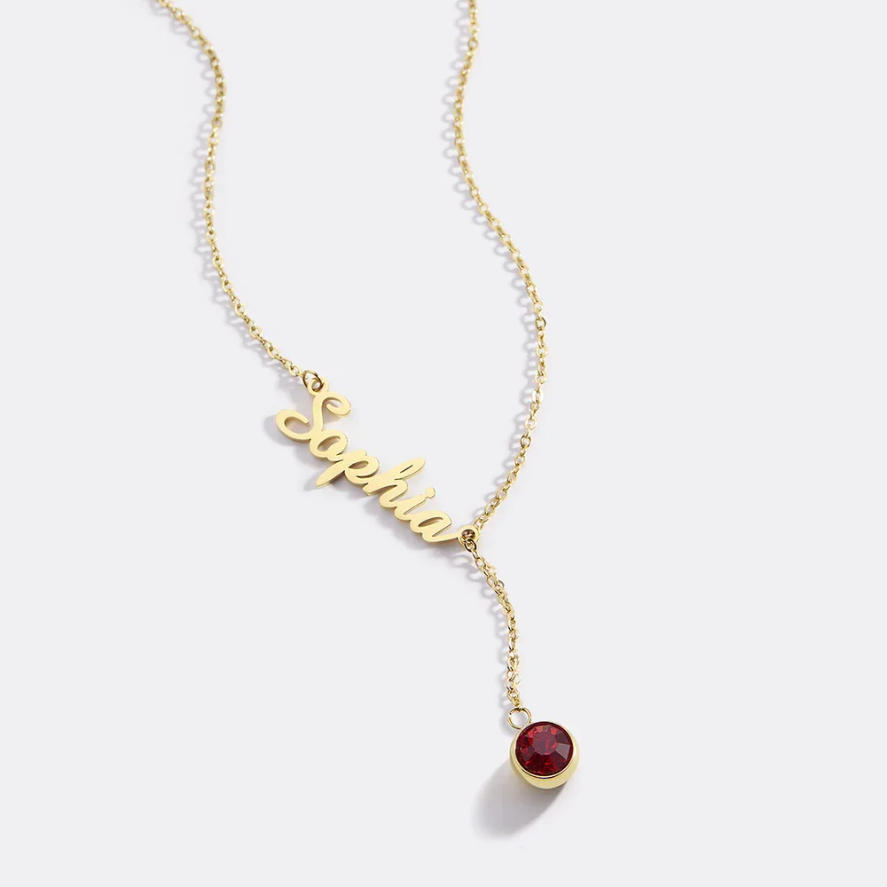 Personalized Script Name Necklace with Birthstone Custom Stainless Steel Lariat Jewelry Elegant Birthday Gift for Her Women