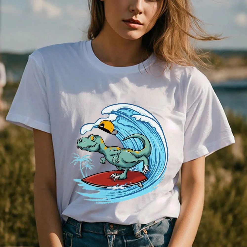 Surfer Dinosaur t-Shirt Womens Funny Shirt Design Novelty Gift Top