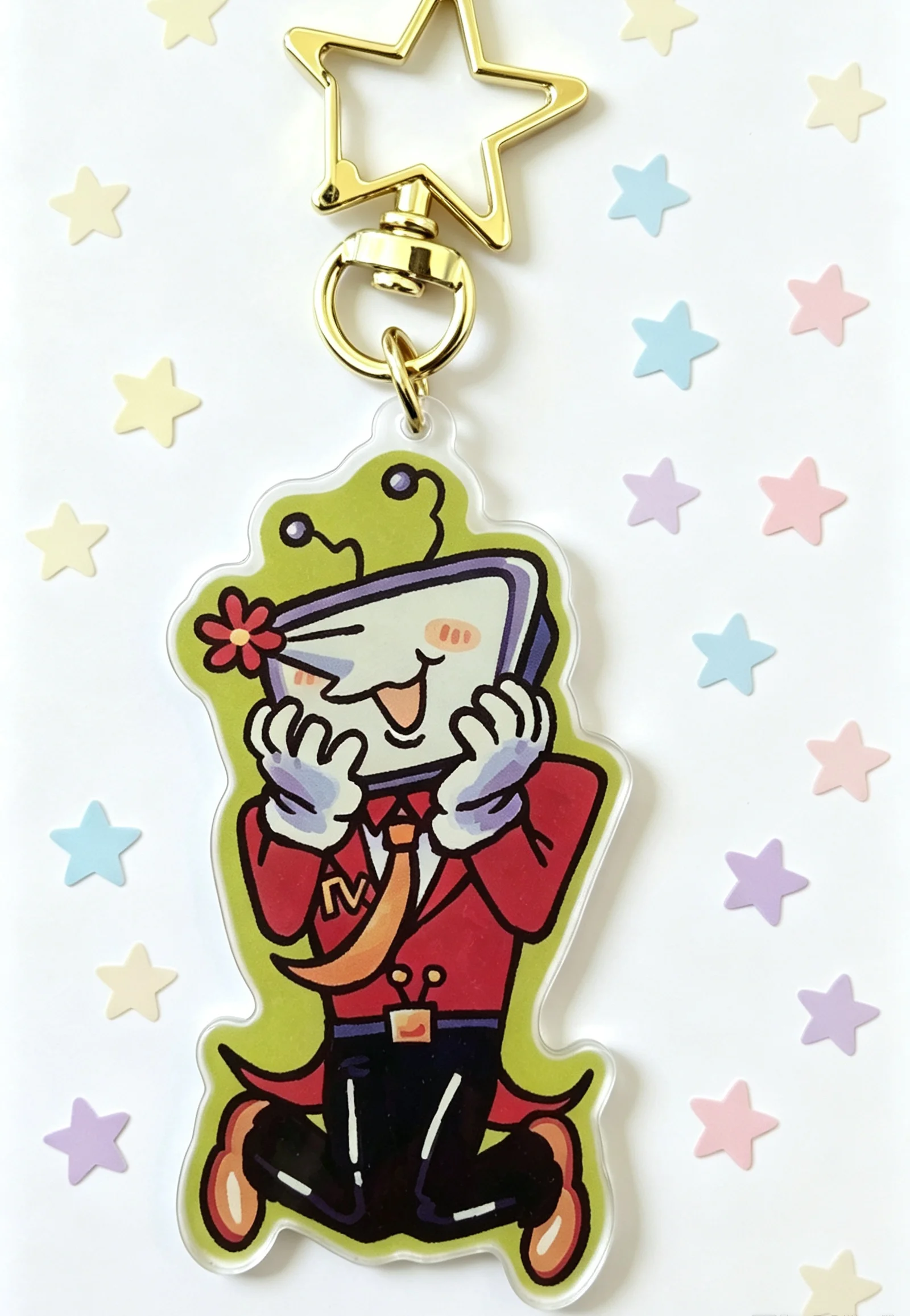 Kawaii Singer TV‑Head Character Acrylic Keychain, Gold Hollow Star Buckle Bag Ornament tenna deltarune