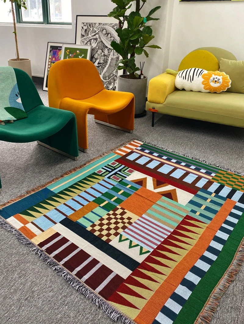  Style Bamboo Fiber Sofa Blanket Artistic Nap Blanket Living Room Home Use Retro Vintage Antibacterial Geometric Pattern