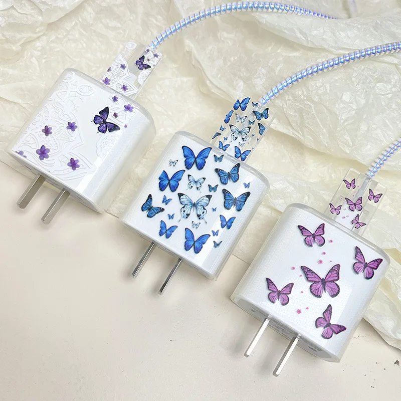 USB Cable Protector Data Line Bite Fast Charging Case for iphone 18W/20W Head Winder Head Cord Cover Ins Cute Colorful Butterfly