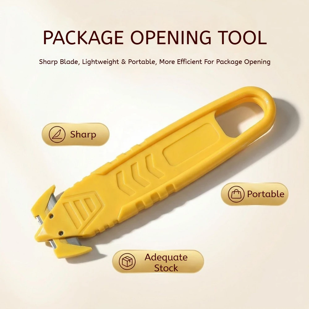 Safe Portable Box Opener, Yellow Utility Knife with Plastic Handle and Sharp Blades, Office Supply