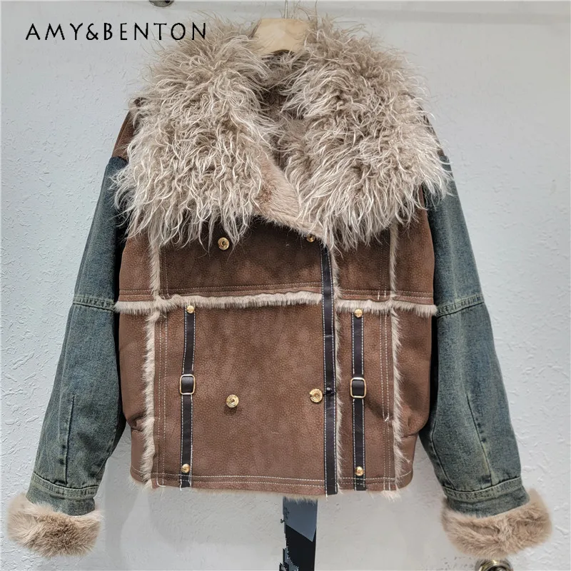 

2024 Winter New Furry Integrated Denim Splicing Coat Korean Style Casual Short Faux Lamb Wool Big Fur Collar Jaquetas Femininas