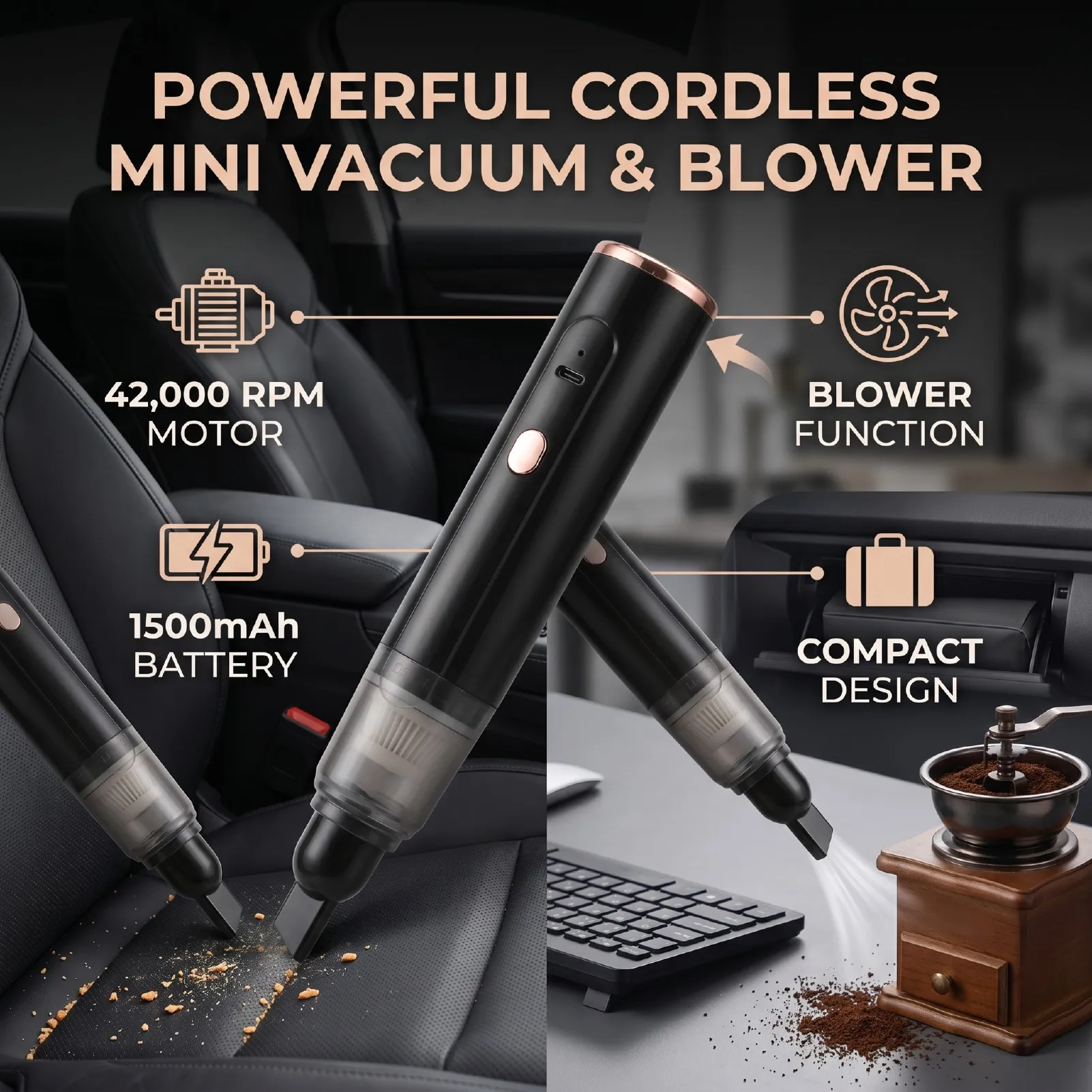 Car Vacuum Cleaner 42000 RPM 1500mAh Handheld Mini Cordless Coffee Grinder Remover for Car Home Coffee Grinder