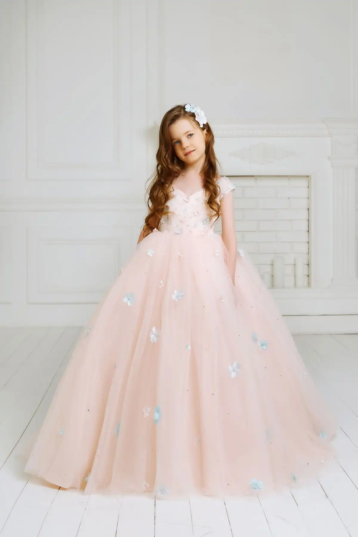 Vestido de niña de flores rubor, vestido de princesa de tul esponjoso, personalizado, cosido a mano, gama alta