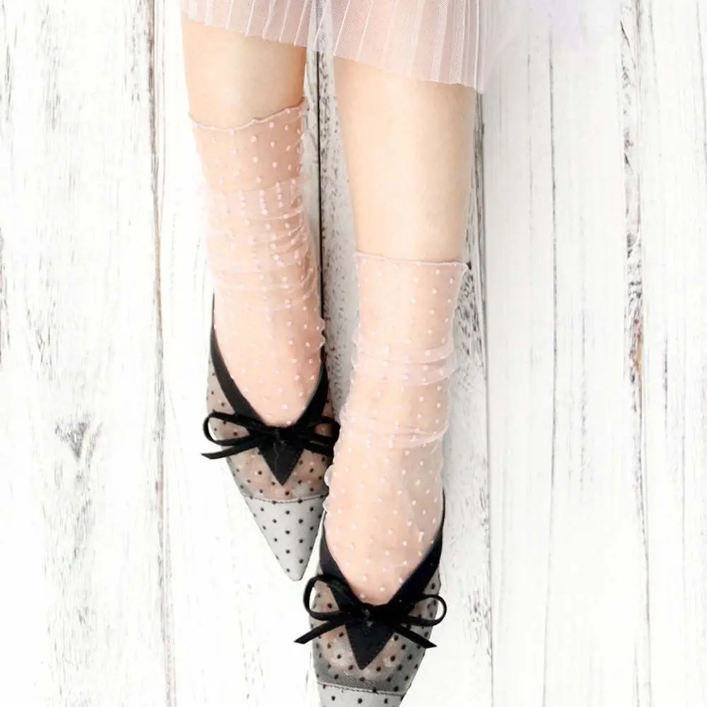 Women Dot Chiffon Female Tulle Socks Dress Socks Glass Stockings Nylon