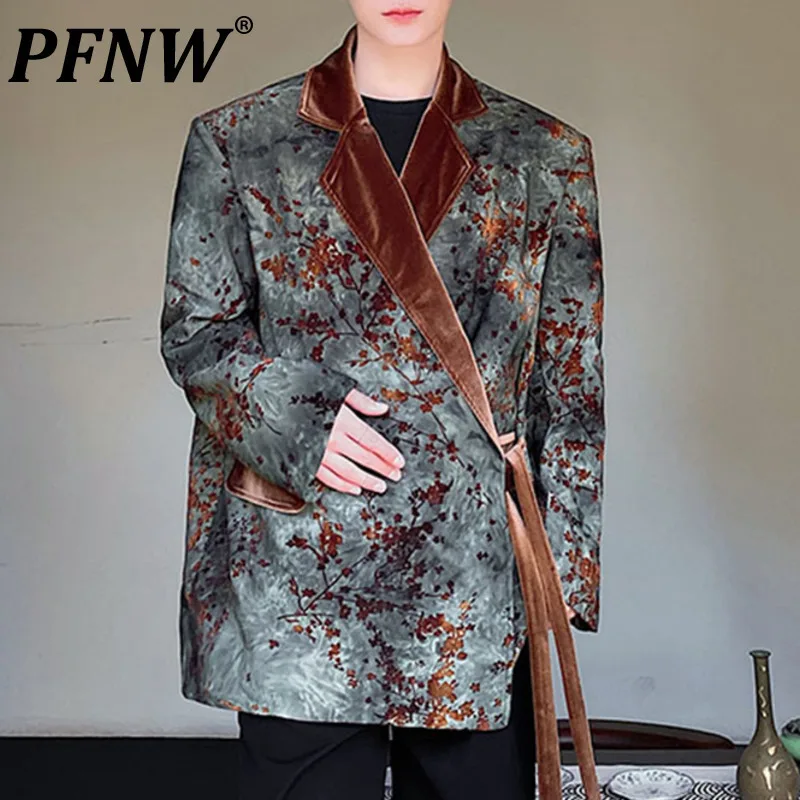 

Мужской пиджак на шнуровке PFNW, оригинальный пиджак контрастных цветов в стиле ретро с отложным воротником и плечами, новинка весны 2024, 9C4575