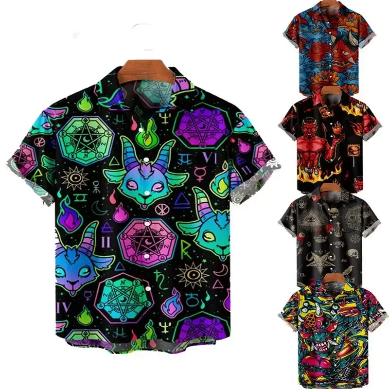 

Men's Shirt Y2k Hombre Devil Print Short Sleeve Shirt Street Hawaiian Beach Tops Vintage Harajuku Clothing Men's Shirt Bluas