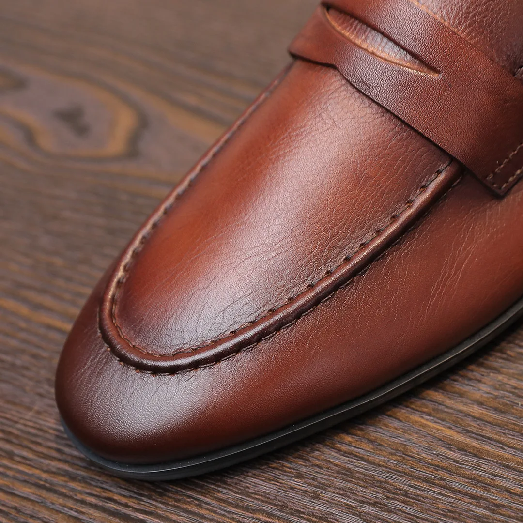 Solid Round Head Leather Male Loafers Cover Heel Men Casual Shoes Spring Slip on Flats Fashion Dress Shoes Zapatos De Hombre