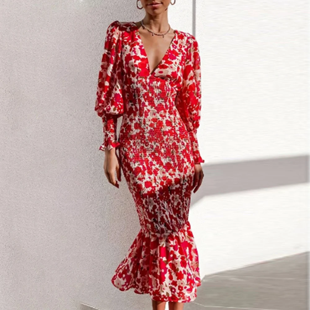 Vestido de manga acampanada con cuello en V para mujer, estampado Floral, ajustado, con volantes, informal, elegante, a media pantorrilla, primavera y verano