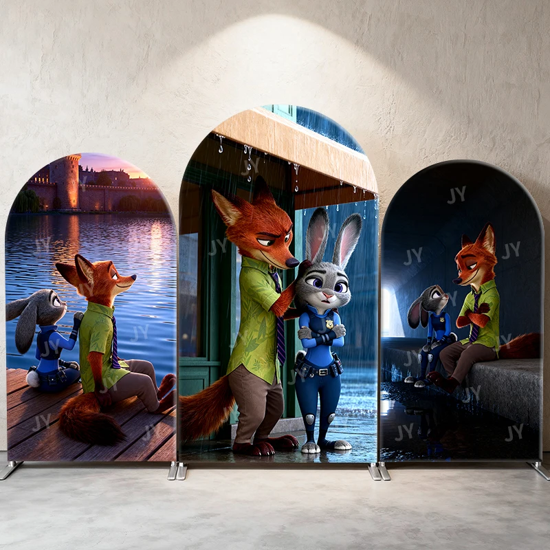 

Zootopia Nick Judy Arch Backdrop Cover Rainy Castle Scene Cartoon Theme Kids Party Photo Booth Decor Background