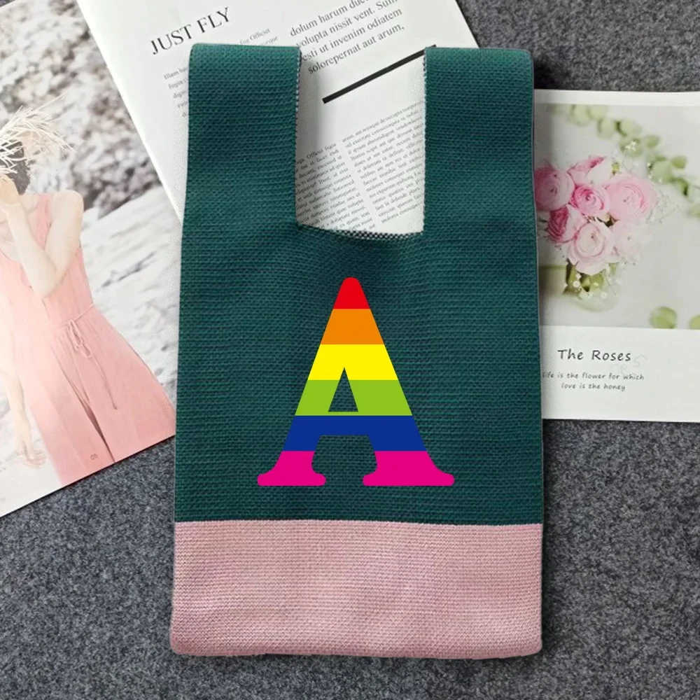 Bolso de mano de punto, bolsas de mano para muñeca, bolsa de almacenamiento con nudo tejido, bolso portátil, serie con estampado de arco iris, bolsos de gran capacidad