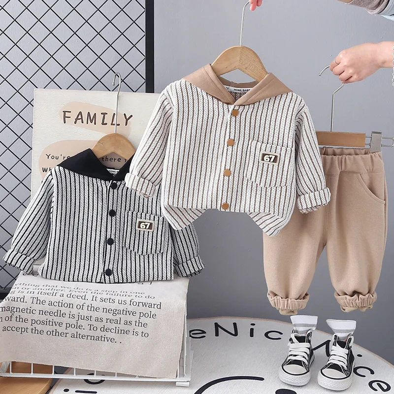 

Весенне-осенний комплект для малышей: хлопковая полосатая куртка с капюшоном на одной пуговице + брюки, детский спортивный костюм из 2 предметов, для детей 1-6 лет