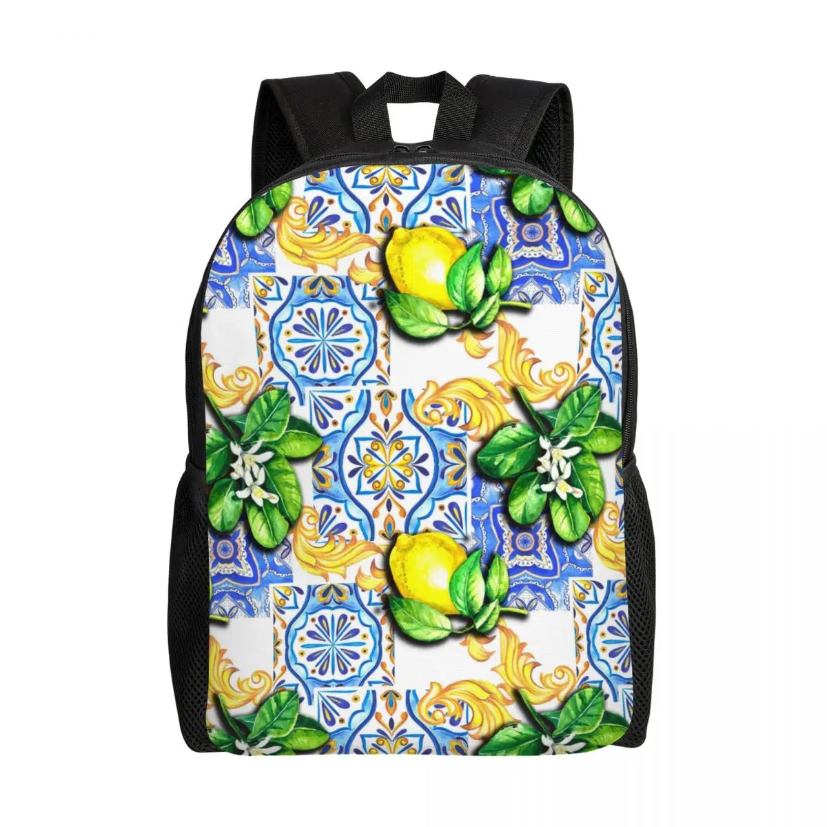 

Mediterranean Tiles Summer Fruit Lemons Travel Backpack Men Women School Computer Bookbag College Student Daypack Bags