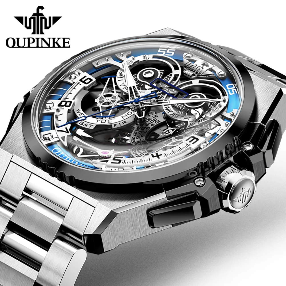 OUPINKE Mechanical Watches Mens Multifunction Tourbillon Design Skeleton Waterproof Sapphire Big Dial Steel Sapphire Luminous