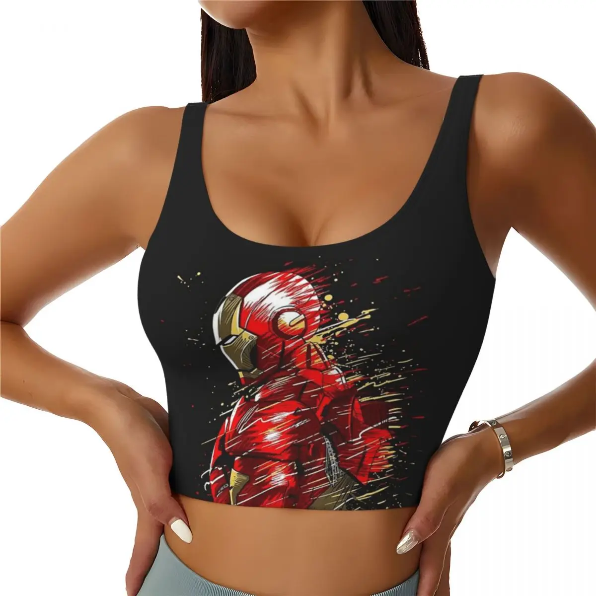 Custom Women Iron Man Retro Poster Sports Bras High Impact Gym Workout Yoga Crop Tank Tops