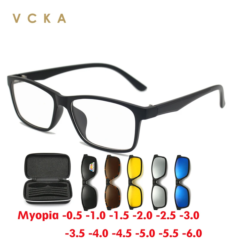 

VCKA 6 In 1 Magnetic Clip Men Women Glasses Square Myopia Sunglasses Optical Prescription Polarized Eyeglass Frames -0.5 ~ -1