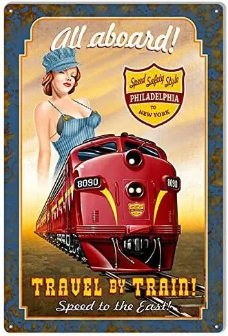 Retro Vintage All Aboard Train Pin Up Girl Railroad Metal Tin Sign Home Bar Cafe Retaurant Wall Decor Signs 12x8inch sign