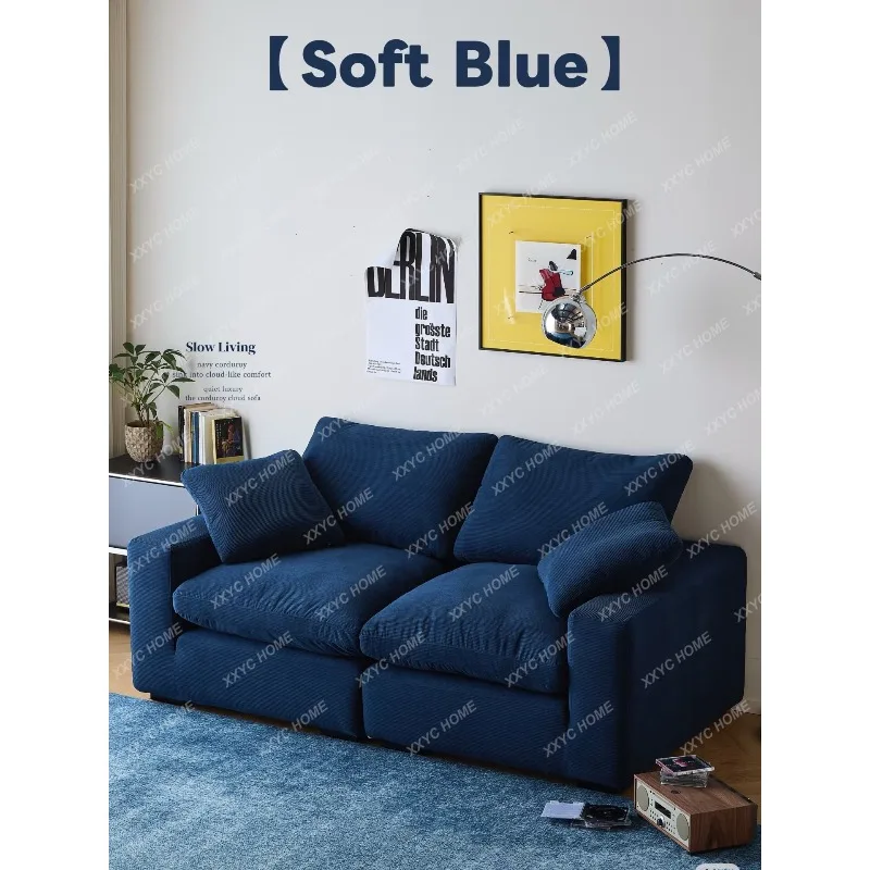 

LRetro style straight row double removable washable blue corduroy cloud sofa small apartment sofa