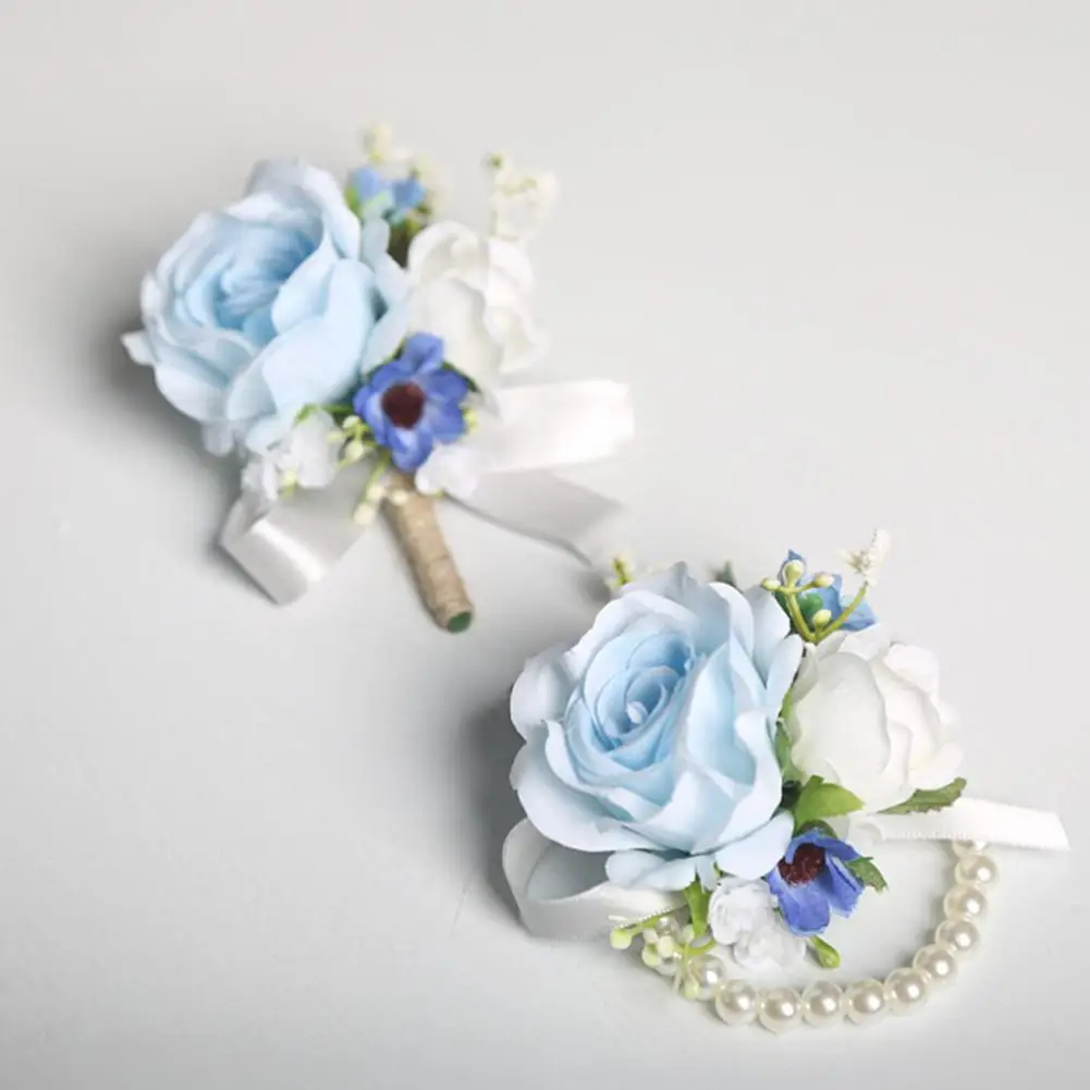 Exquisite Floral Wristband Blue White Rose Boutonniere Set Artificial Silk Flower Corsage for Bride Bridesmaid European Rustic