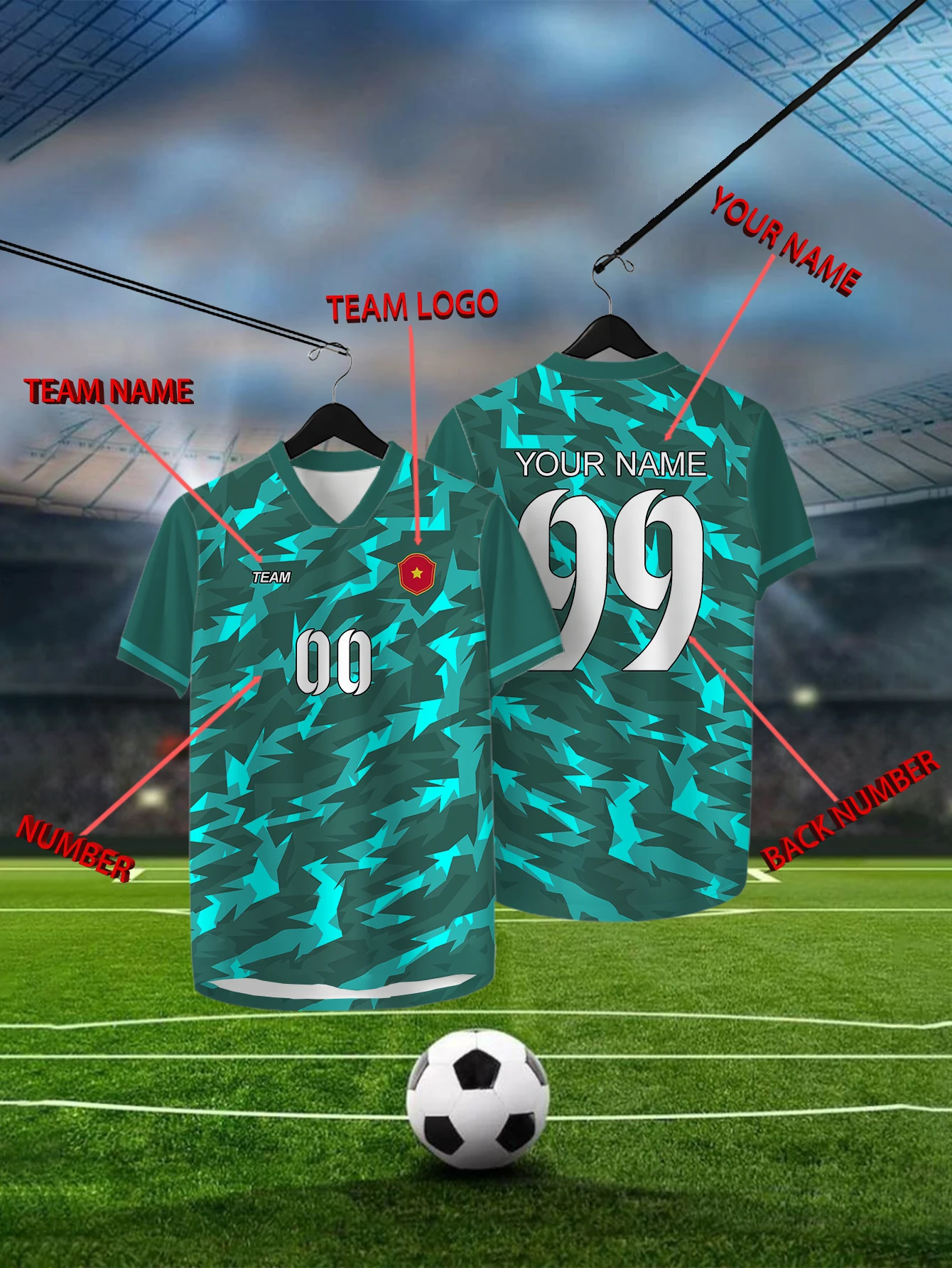 

Customized Geometric Green Short Sleeved Shirt with Team Name, Emblem, Name and Number, Outdoor Sports Short Sleeved T-shirt